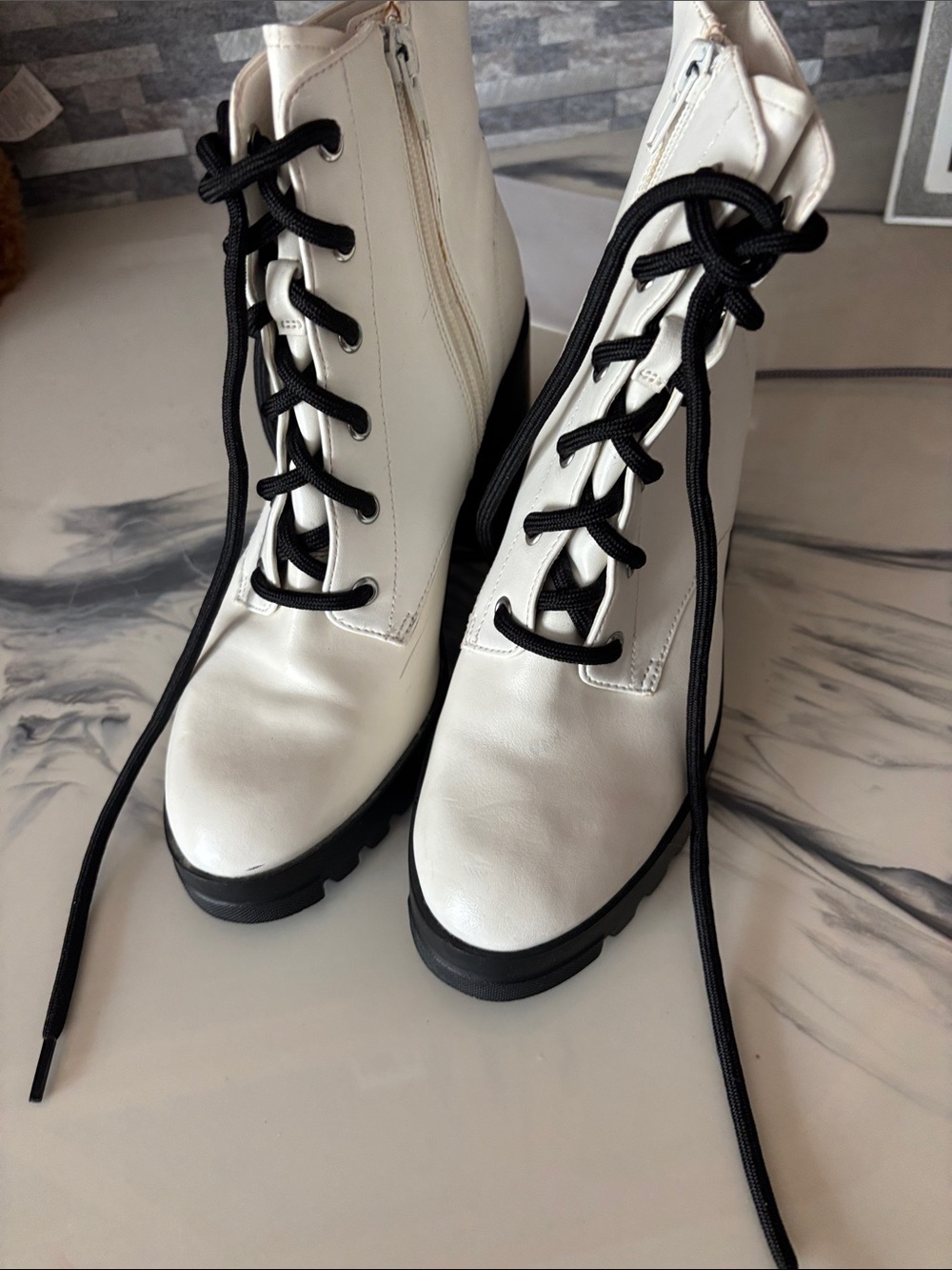 bp White Lace-Up Combat Boots with Black Laces